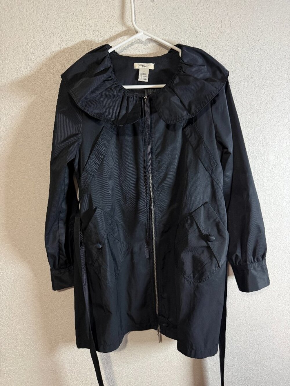 Women's Vertigo Paris Black Ruffle Collar Trench Coat Size S